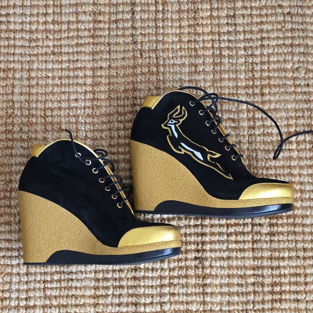 Marc by Marc Jacobs Black Gold Embroidered Lace Up Platform Wedge Heels 40 US9